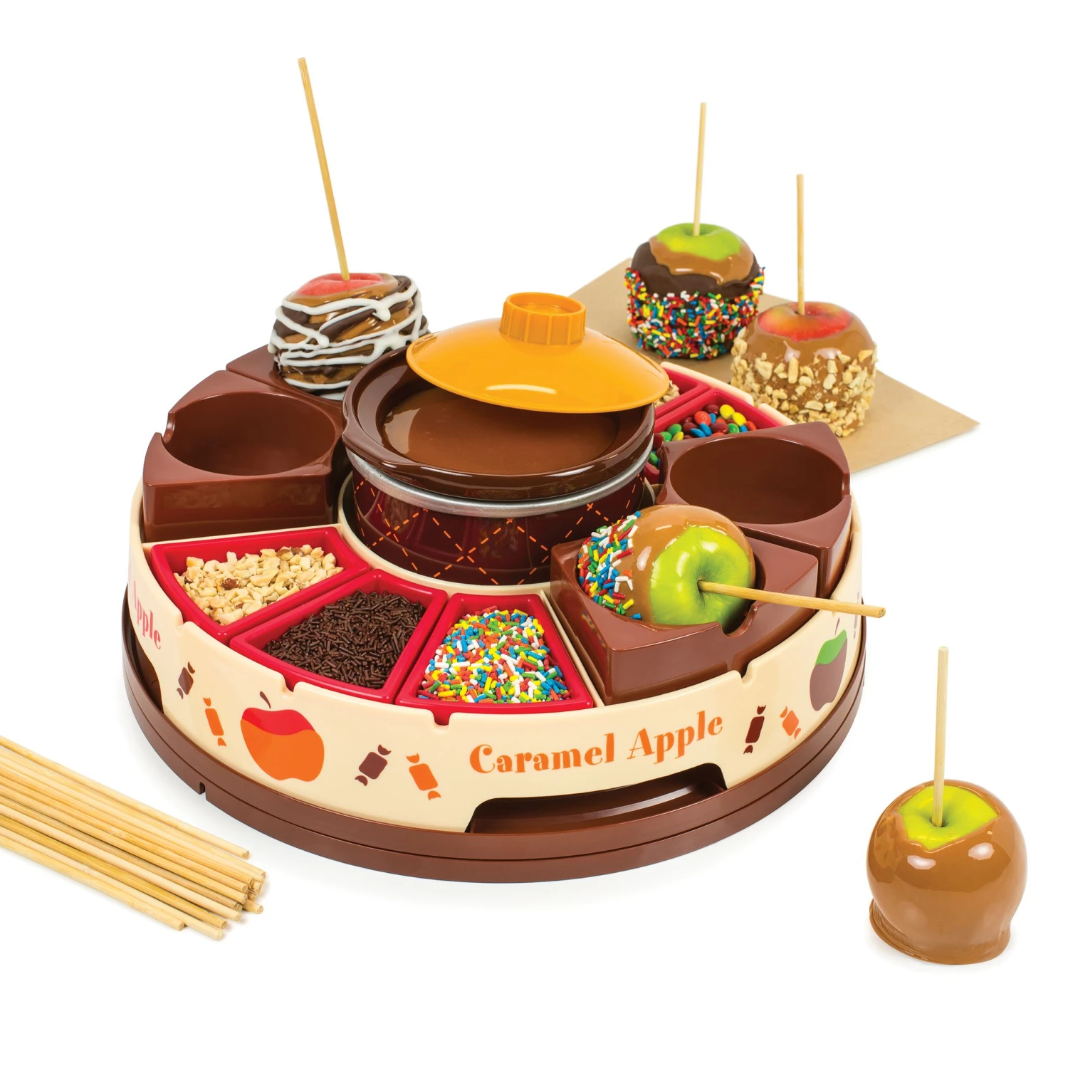 Lazy Susan Chocolate & Caramel Apple Party With Heated Fondue Pot, 25 Sticks, Decorating And Toppings Trays 1 Lazy Susan Chocolate & Caramel Apple Party With Heated Fondue Pot, 25 Sticks, Decorating And Toppings Trays