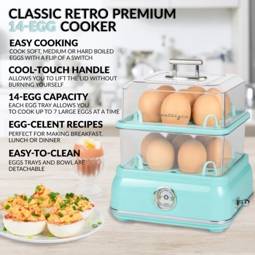 Classic Retro 14-Capacity Egg Cooker, Aqua -Nostalgia Food CLEC14AQ feature 01 scaled