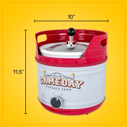 Game Day Kickin’ Keg Cooker -Nostalgia Food GDKK4RDSL Measurements05 scaled