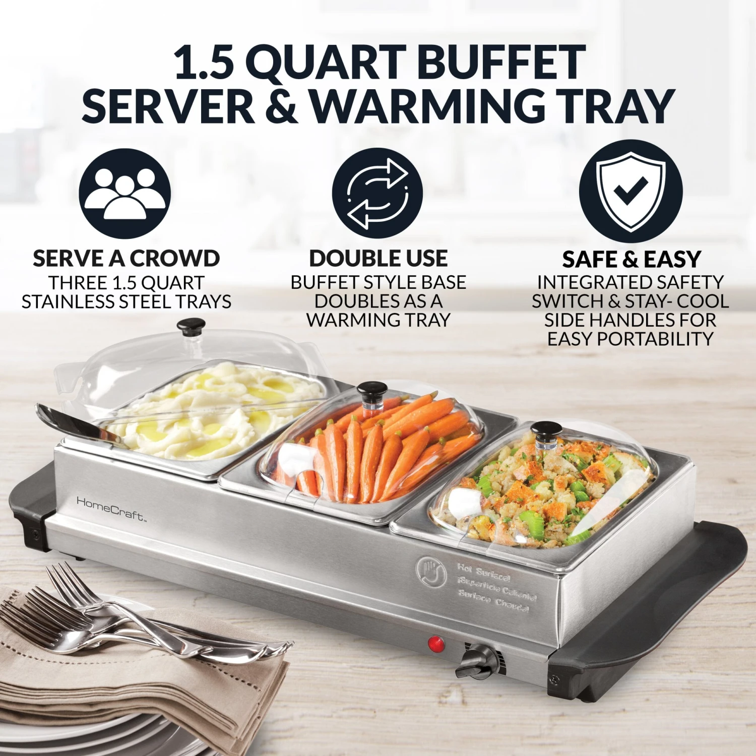 HomeCraft™ HCBS15SS 3-Station 1.5-Quart Stainless Steel Buffet Server & Warming Tray 2 HomeCraft™ HCBS15SS 3-Station 1.5-Quart Stainless Steel Buffet Server & Warming Tray - Image 2