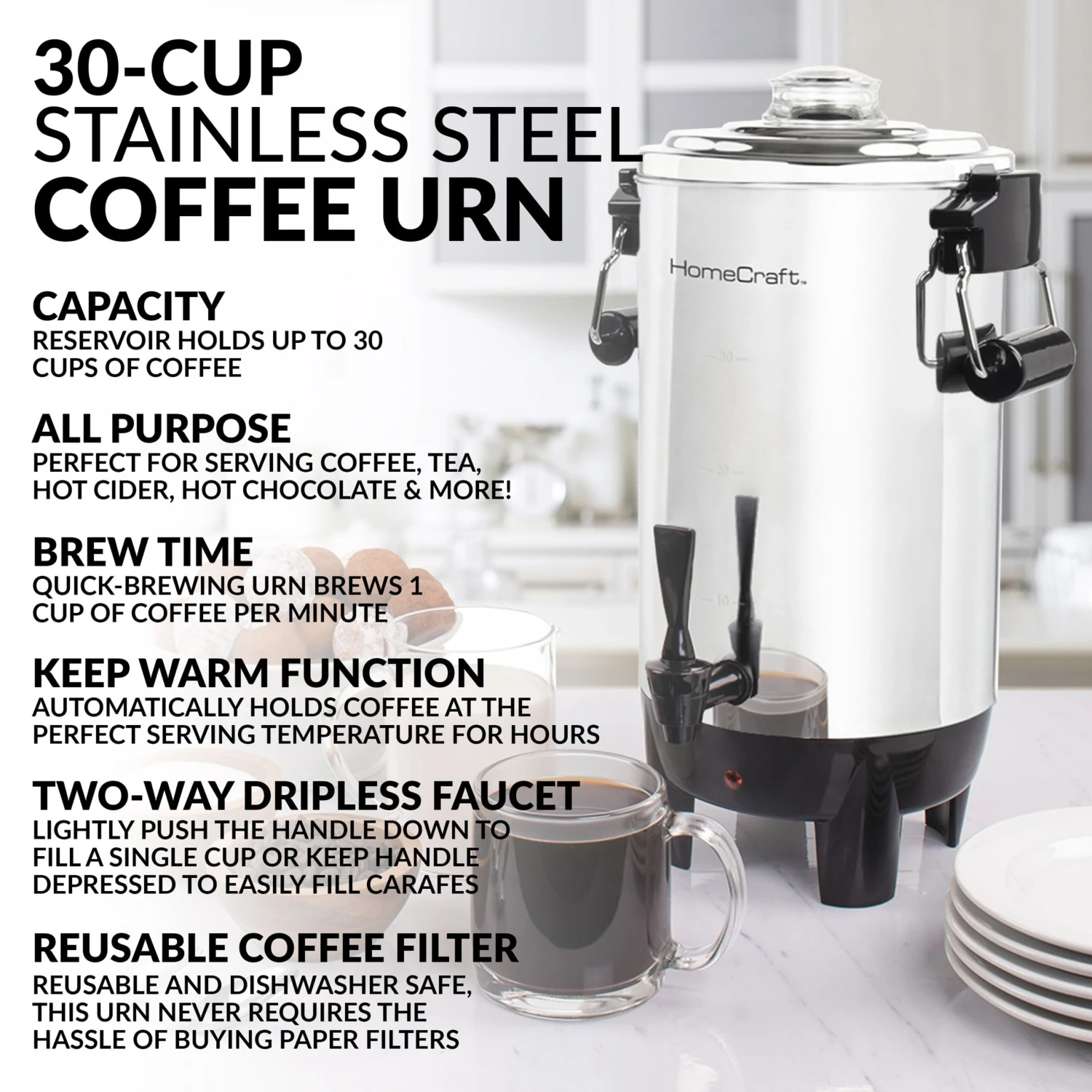 HomeCraft Quick-Brewing 1000-Watt Automatic 30-Cup Coffee Urn - Stainless Steel 2 HomeCraft Quick-Brewing 1000-Watt Automatic 30-Cup Coffee Urn - Stainless Steel - Image 2