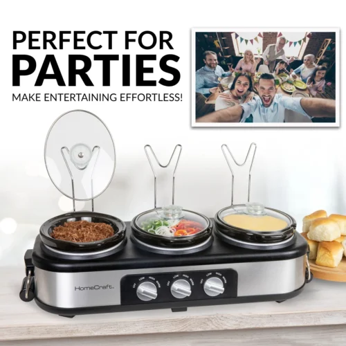 HomeCraft 3-Station 1.5-Quart Oval Slow Cooker Buffet, Stainless Steel -Nostalgia Food HCTSC15SS 05 partiesw beef scaled