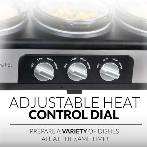 HomeCraft 3-Station 1.5-Quart Oval Slow Cooker Buffet, Stainless Steel -Nostalgia Food HCTSC15SS feature 03 scaled