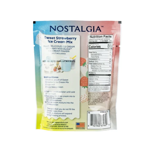 New 2-Quart Homemade Premium Ice Cream Starter Mix (8-Pack) -Nostalgia Food ICMX8STBR Strawberry Ice Cream Mix Back scaled