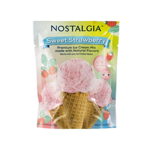 New 2-Quart Homemade Premium Ice Cream Starter Mix (8-Pack) -Nostalgia Food ICMX8STBR Strawberry Ice Cream Mix Front 1 scaled