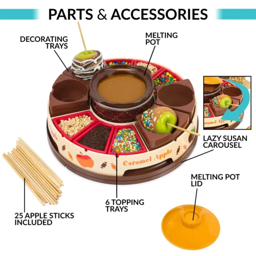 Lazy Susan Chocolate & Caramel Apple Party With Heated Fondue Pot, 25 Sticks, Decorating And Toppings Trays 14 Lazy Susan Chocolate & Caramel Apple Party With Heated Fondue Pot, 25 Sticks, Decorating And Toppings Trays -Nostalgia Food NCCA5 accesories4 scaled
