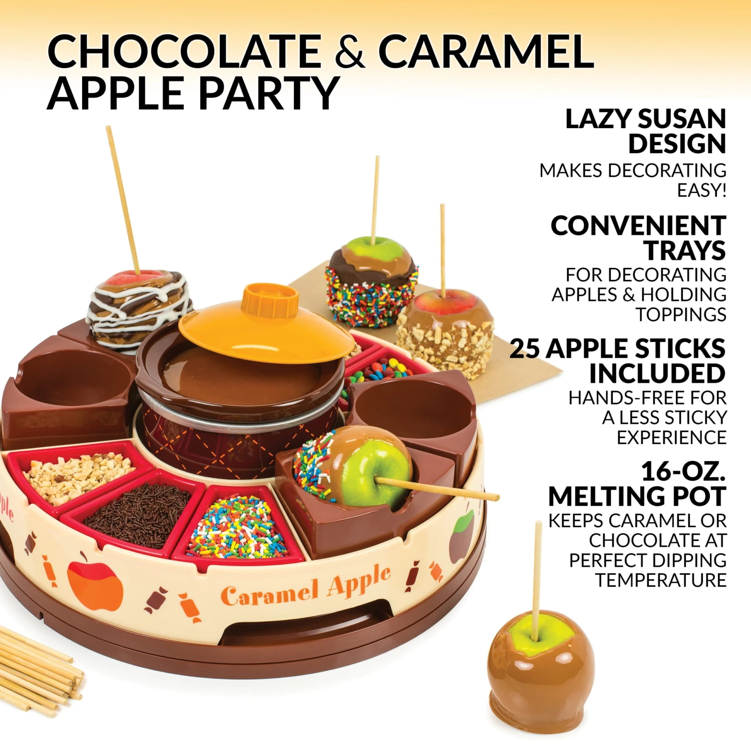 Lazy Susan Chocolate & Caramel Apple Party With Heated Fondue Pot, 25 Sticks, Decorating And Toppings Trays 2 Lazy Susan Chocolate & Caramel Apple Party With Heated Fondue Pot, 25 Sticks, Decorating And Toppings Trays - Image 2