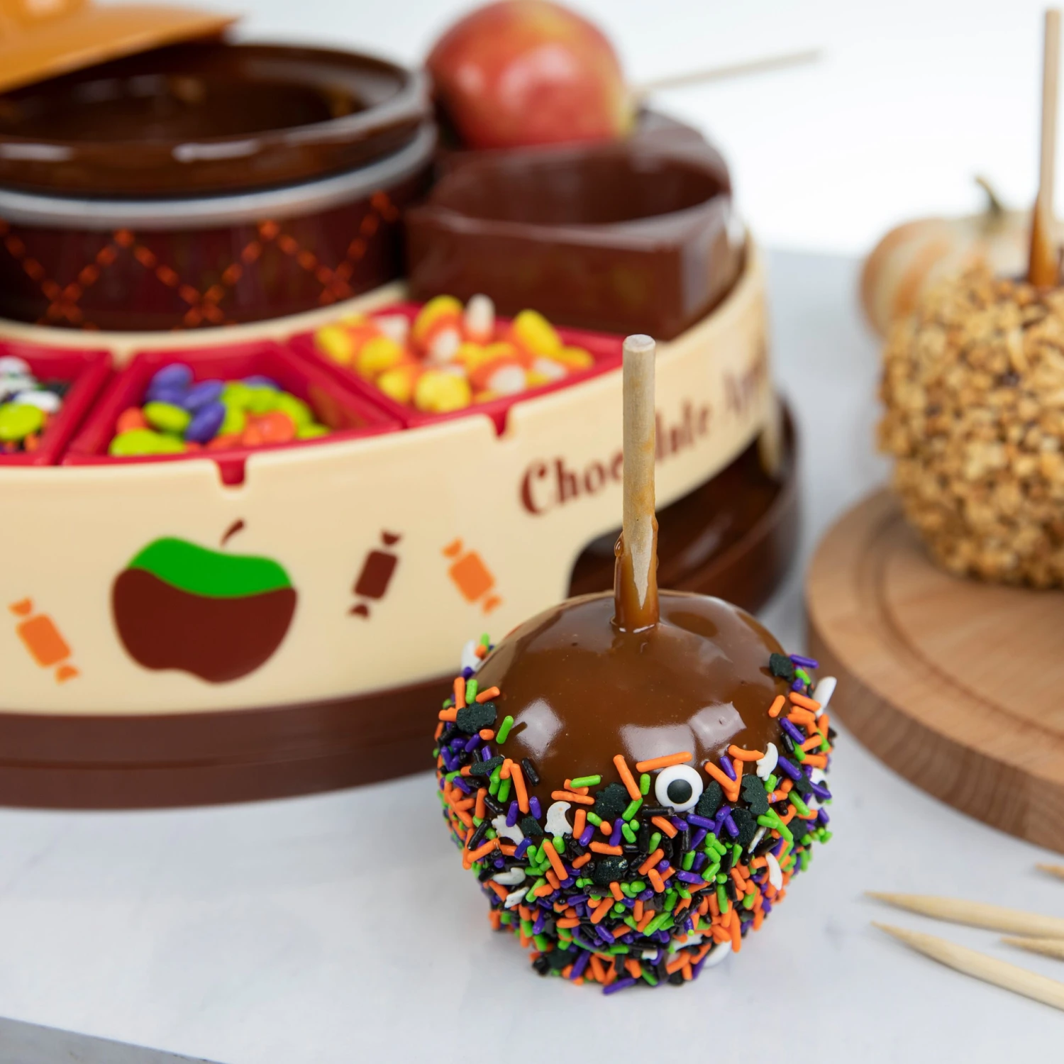 Lazy Susan Chocolate & Caramel Apple Party With Heated Fondue Pot, 25 Sticks, Decorating And Toppings Trays 3 Lazy Susan Chocolate & Caramel Apple Party With Heated Fondue Pot, 25 Sticks, Decorating And Toppings Trays - Image 3