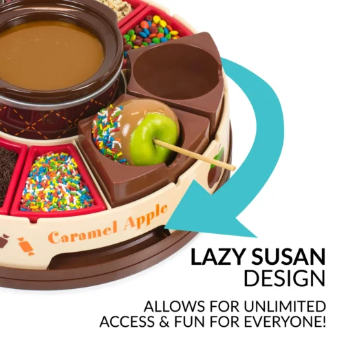 Lazy Susan Chocolate & Caramel Apple Party With Heated Fondue Pot, 25 Sticks, Decorating And Toppings Trays 11 Lazy Susan Chocolate & Caramel Apple Party With Heated Fondue Pot, 25 Sticks, Decorating And Toppings Trays -Nostalgia Food NCCA5 lazysusan2 scaled