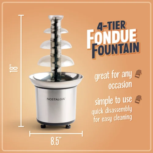 4-Tier 2-pound Stainless Steel Chocolate Fondue Fountain -Nostalgia Food NCFF986SS 01 features