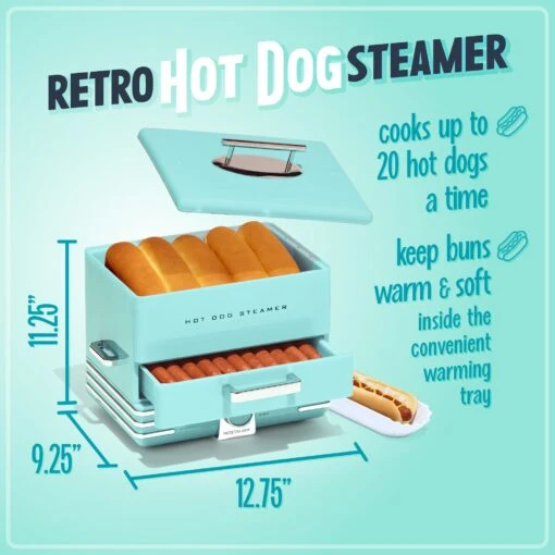 Large Diner Style Hot Dog Steamer, 20 Hot Dogs, 6 Buns, Aqua -Nostalgia Food NHDS206AQ 01 mainimage