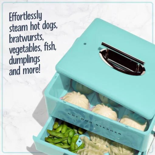 Large Diner Style Hot Dog Steamer, 20 Hot Dogs, 6 Buns, Aqua -Nostalgia Food NHDS206AQ 04 steamer
