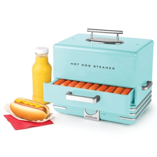 Large Diner Style Hot Dog Steamer, 20 Hot Dogs, 6 Buns, Aqua