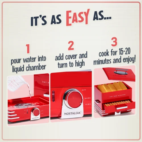 Large Diner Style Hot Dog Steamer -Nostalgia Food NHDS206RD 02 easyas