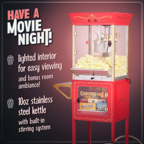 Vintage New 10-Ounce Professional Popcorn & Concession Cart - 59 Inches Tall -Nostalgia Food NKPCONCRT10RD 02 MovieNight