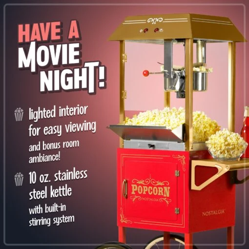 Vintage 10-Ounce Professional Popcorn Cart - 59 Inches Tall -Nostalgia Food NKPCRT10RD 02 MovieNight