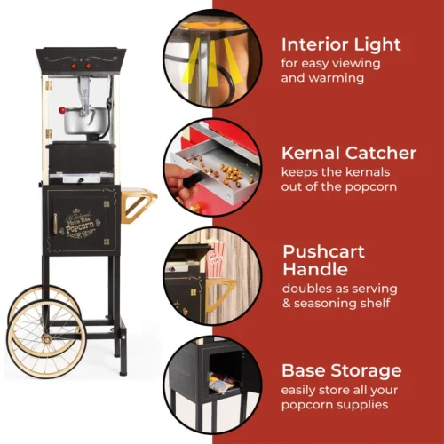 Vintage Professional Popcorn Cart - NEW 8-Ounce Kettle - 53 Inches Tall - Black 10 Vintage Professional Popcorn Cart - NEW 8-Ounce Kettle - 53 Inches Tall - Black -Nostalgia Food NKPCRT8BK otherfeatures2
