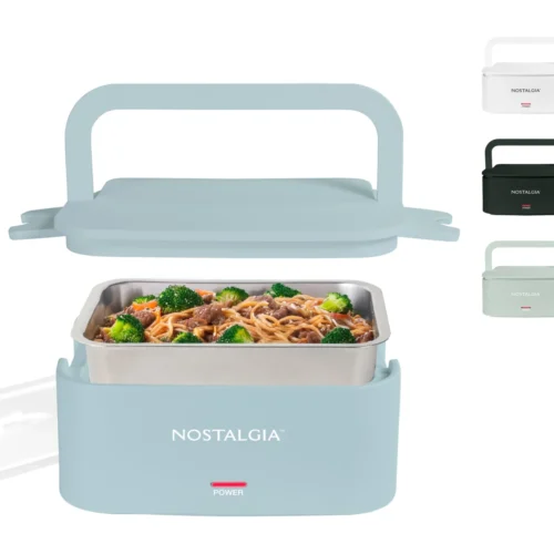 Nostalgia 32 Oz. Portable Heated Lunch Box -Nostalgia Food NLB4CHB HERO w colors LidFloating scaled