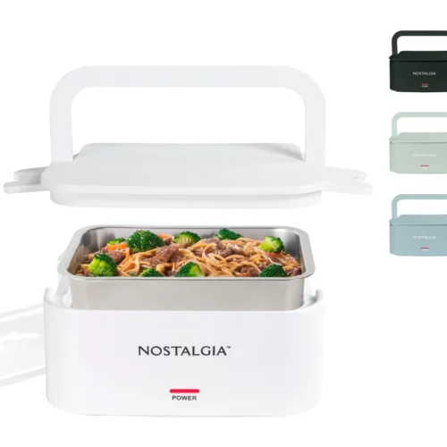 Nostalgia 32 Oz. Portable Heated Lunch Box -Nostalgia Food NLB4FW HERO w colors LidFloating scaled