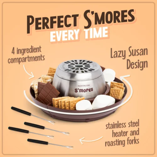 Indoor Electric Stainless Steel S'mores Maker With 4 Lazy Susan Compartment Trays For Graham Crackers, Chocolate, Marshmallows And 4 Roasting Forks -Nostalgia Food NLSM4BR Image04