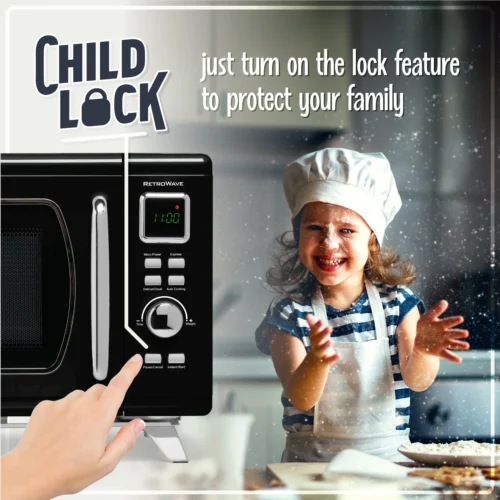Mid-Century Retro 0.9 Cu. Ft. Microwave, Black -Nostalgia Food NMCMO9FTBK6A 03 ChildLock