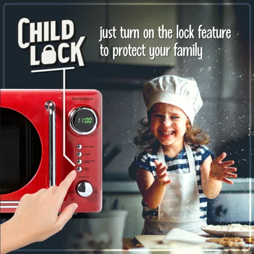 Retro 0.7 Cubic Foot 700-Watt Countertop Microwave Oven - Retro Red -Nostalgia Food NRMO7RD 03childlock