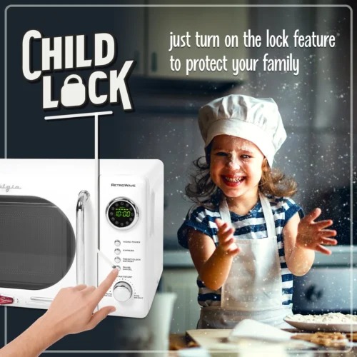 Retro 0.7 Cubic Foot 700-Watt Countertop Microwave Oven - White -Nostalgia Food NRMO7WH6A ChildLock04 scaled