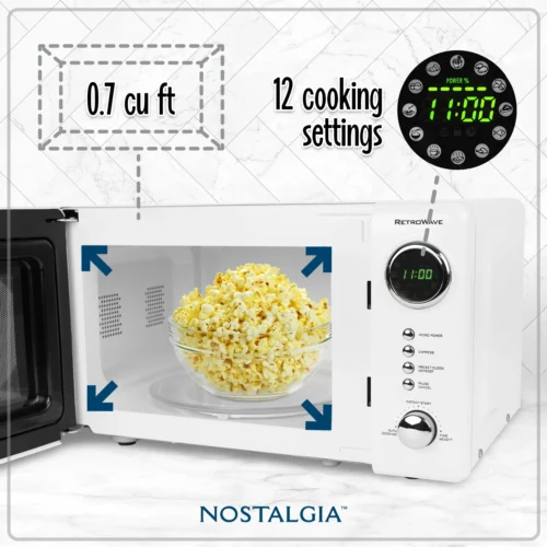 Retro 0.7 Cubic Foot 700-Watt Countertop Microwave Oven - White -Nostalgia Food NRMO7WH6A CookingSettings02 scaled