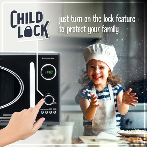 Retro 0.9 Cubic Foot 800-Watt Countertop Microwave Oven - Black -Nostalgia Food NRMO9BK feature 03