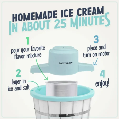 Nostalgia 4-Quart Parlor Wood Bucket Electric Ice Cream Maker - White & Aqua -Nostalgia Food NWICMPRL4WHAQ 02 homemadeicecream 6b699e0b f49f 496c 9ab4 635267cac38c scaled