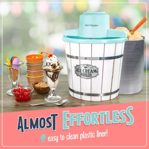 Nostalgia 4-Quart Parlor Wood Bucket Electric Ice Cream Maker - White & Aqua -Nostalgia Food NWICMPRL4WHAQ 05 lifestyle aede4518 7b74 4df8 8ba7 7067c8cc2ad9 scaled