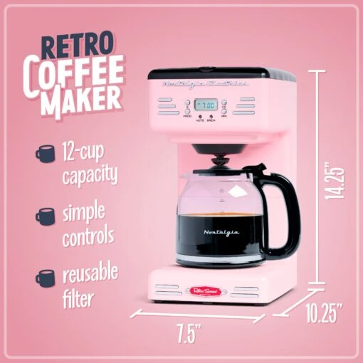 Retro 12-Cup Coffee Maker, Pink -Nostalgia Food RCOF12PK 01 features