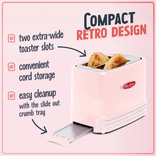 Retro 2-Slice Toaster, Pink -Nostalgia Food RTOS200PK 02 CompactDesign