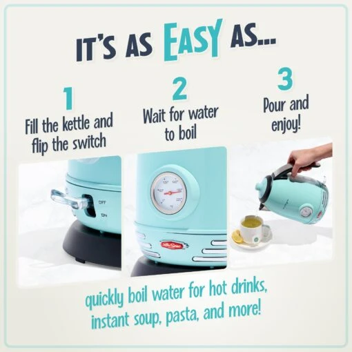 Retro 1.7-Liter Stainless Steel Electric Water Kettle With Strix Thermostat, Aqua -Nostalgia Food RWK150AQ 02 itseasy