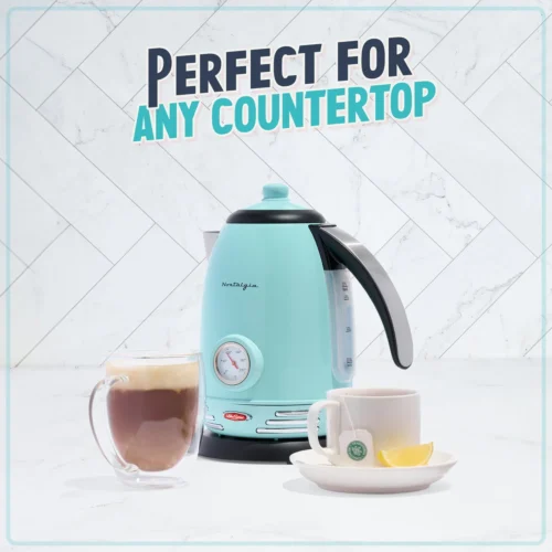 Retro 1.7-Liter Stainless Steel Electric Water Kettle With Strix Thermostat, Aqua -Nostalgia Food RWK150AQ 07 countertop