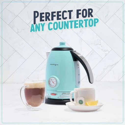 Retro 1.7-Liter Stainless Steel Electric Water Kettle With Strix Thermostat, Aqua -Nostalgia Food RWK150AQ 07 countertop