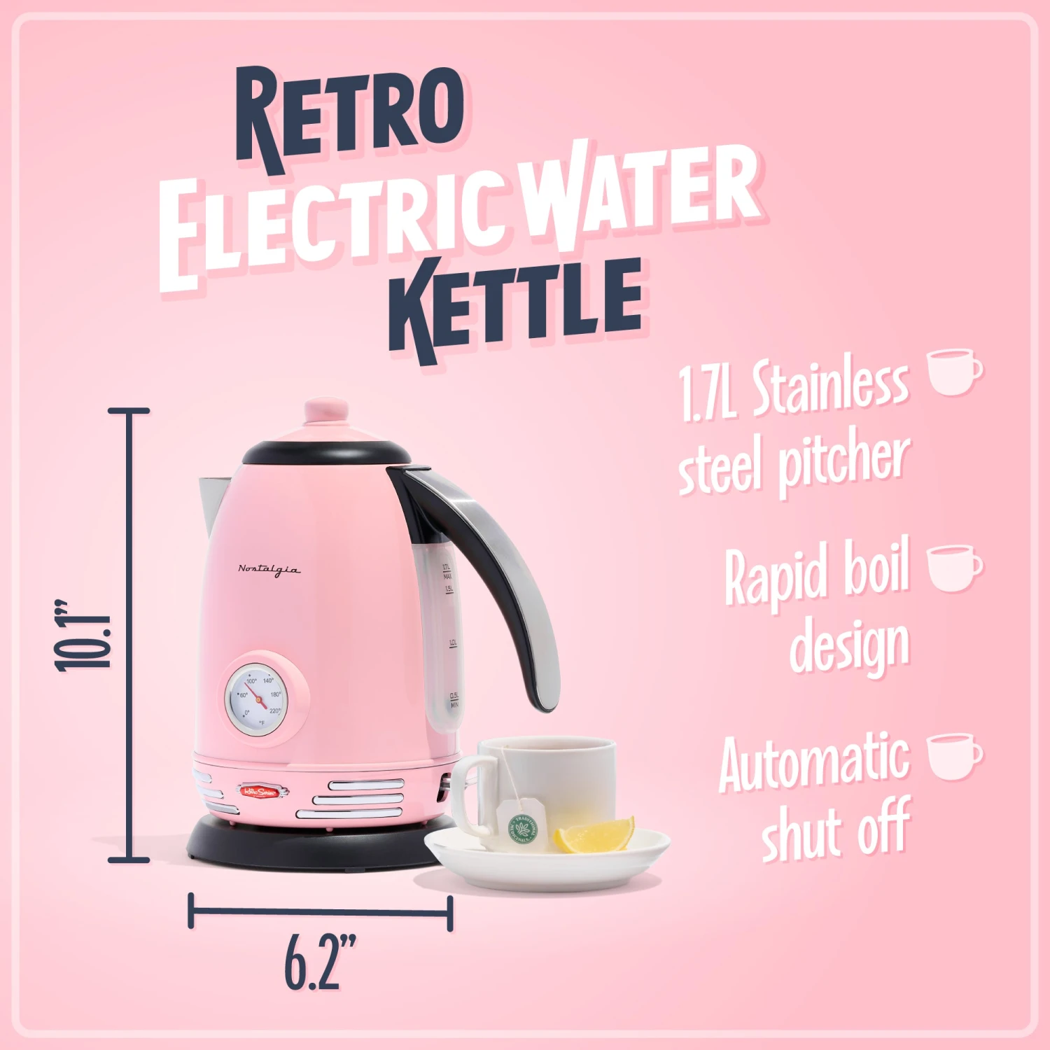 Retro 1.7-Liter Stainless Steel Electric Water Kettle With Strix Thermostat, Pink 2 Retro 1.7-Liter Stainless Steel Electric Water Kettle With Strix Thermostat, Pink - Image 2