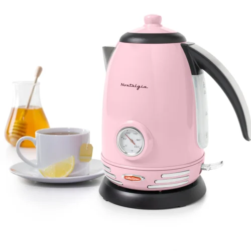 Retro 1.7-Liter Stainless Steel Electric Water Kettle With Strix Thermostat, Pink