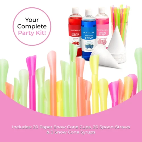 Premium 16-Ounce Snow Cone Syrups, Cups And Spoon-Straws Party Kit -Nostalgia Food SCK3 Image2 scaled