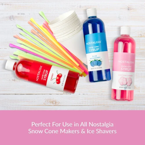 Premium 16-Ounce Snow Cone Syrups, Cups And Spoon-Straws Party Kit -Nostalgia Food SCK3 Image4 scaled