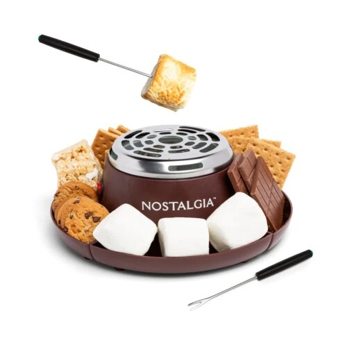 Indoor Electric Stainless Steel S'mores Maker With 4 Compartment Trays For Graham Crackers, Chocolate, Marshmallows And 2 Roasting Forks