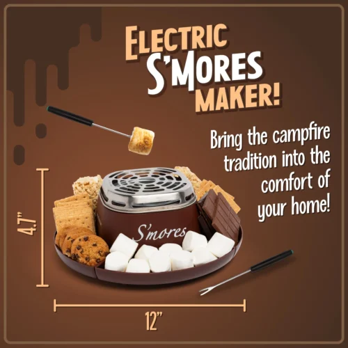 Indoor Electric Stainless Steel S'mores Maker With 4 Compartment Trays For Graham Crackers, Chocolate, Marshmallows And 2 Roasting Forks 8 Indoor Electric Stainless Steel S'mores Maker With 4 Compartment Trays For Graham Crackers, Chocolate, Marshmallows And 2 Roasting Forks -Nostalgia Food SMM200 feature 01