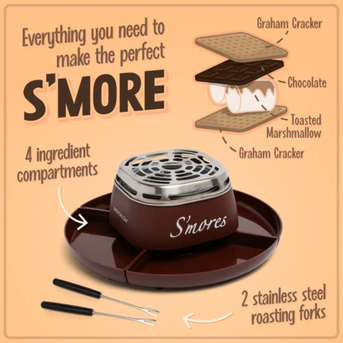 Indoor Electric Stainless Steel S'mores Maker With 4 Compartment Trays For Graham Crackers, Chocolate, Marshmallows And 2 Roasting Forks 10 Indoor Electric Stainless Steel S'mores Maker With 4 Compartment Trays For Graham Crackers, Chocolate, Marshmallows And 2 Roasting Forks -Nostalgia Food SMM200 feature 03