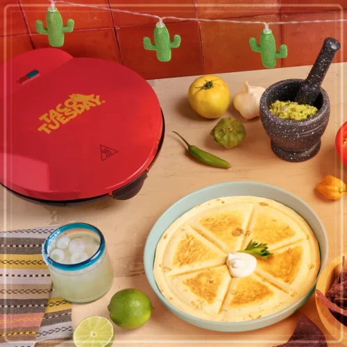 Taco Tuesday Deluxe 10-Inch 6-Wedge Electric Quesadilla Maker With Extra Stuffing Latch -Nostalgia Food TCTEQM10RD 04 Lifestyle