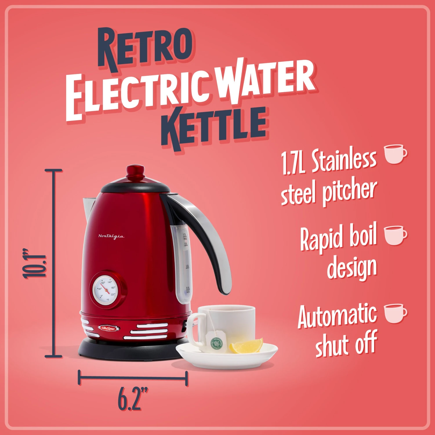 Retro 1.7-Liter Stainless Steel Electric Water Kettle With Strix Thermostat, Retro Red 2 Retro 1.7-Liter Stainless Steel Electric Water Kettle With Strix Thermostat, Retro Red - Image 2