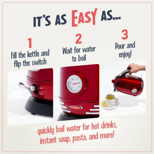 Retro 1.7-Liter Stainless Steel Electric Water Kettle With Strix Thermostat, Retro Red 9 Retro 1.7-Liter Stainless Steel Electric Water Kettle With Strix Thermostat, Retro Red -Nostalgia Food WK17RR 02