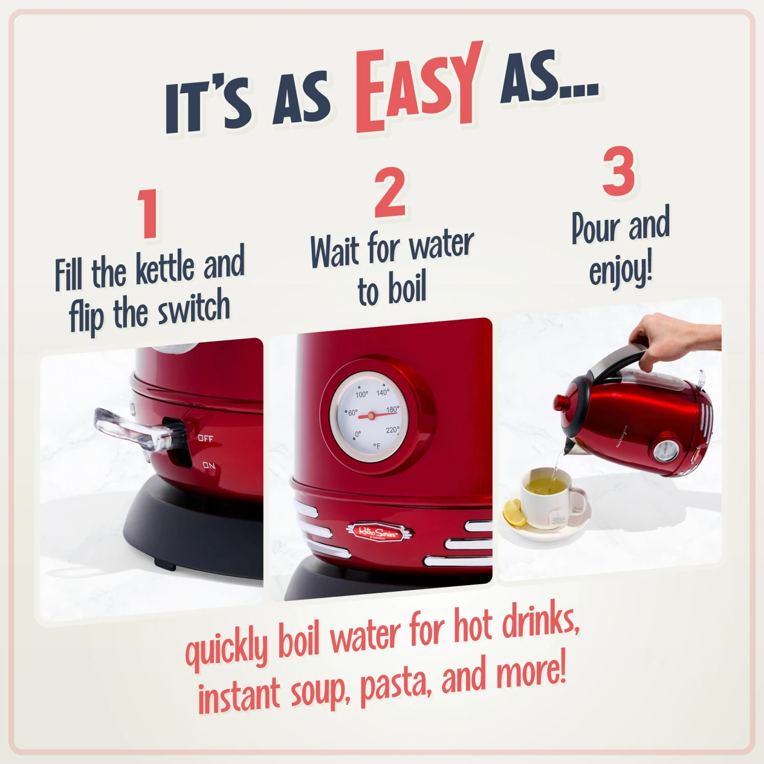 Retro 1.7-Liter Stainless Steel Electric Water Kettle With Strix Thermostat, Retro Red 3 Retro 1.7-Liter Stainless Steel Electric Water Kettle With Strix Thermostat, Retro Red - Image 3
